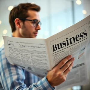 A image shows a man reading newspaper anout business