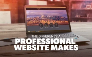 Here, it is graphic image that show a laptop on a table with a landscape in wall paper. There is a text where it is written 'the difference a professional website makes' . It is related to my article about website is a luxury or necessity of today's business. There is a link in bottom of image to show its source.